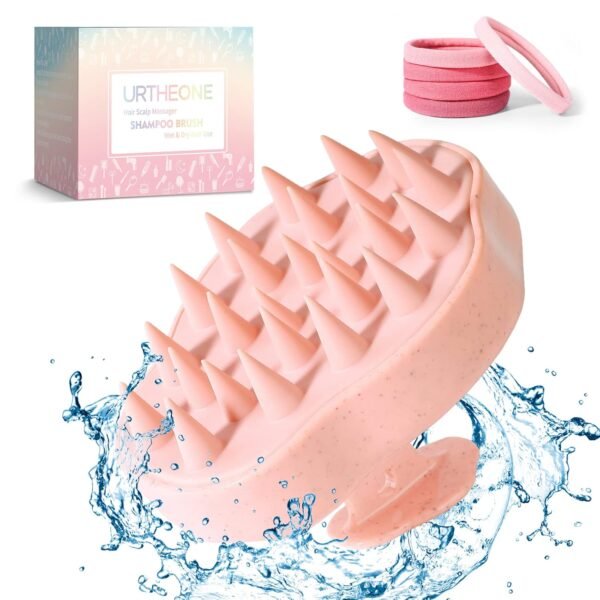 Scalp Massager Shampoo Brush, Hair Scalp Scrubber Head Massager with Soft Silicone Bristles for Women Men Kids Pets Shower and Hair Growth(Pink) Includes 5 Pcs Hair Ties - Image 2