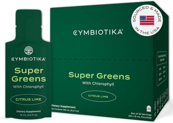CYMBIOTIKA Super Greens Supplement with Chlorophyll, Spirulina, Daily Vegan Superfood Packets for Digestive Gut Health, Detox, Energy and Immune Support, Citrus Lime Flavor, 15 mL Pouches, 30 Pack - Image 2