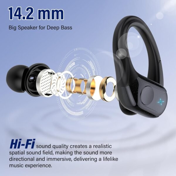 Wireless Earbuds Bluetooth 5.4 Headphones 75H Playtime Stereo Deep Bass Sports Ear Buds with Earhooks, LED Display Bluetooth Earbuds with 4 ENC Mic, IP7 Waterproof Earphone for Workout/Running, Black - Image 3