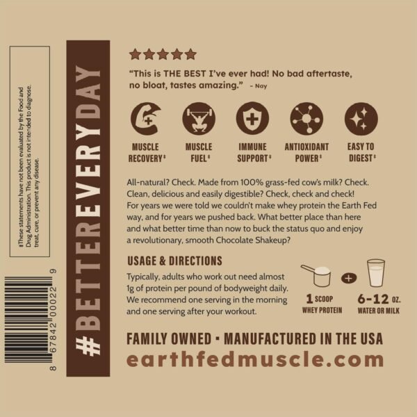 Earth Fed Muscle Chocolate Shakeup Grass-Fed Whey Protein Powder 2lb - 25g Protein Per Serving, No Fillers, Soy-Free, Non-GMO, Hormone-Free, Clean Ingredients for Smooth Blends & Recovery - Image 9