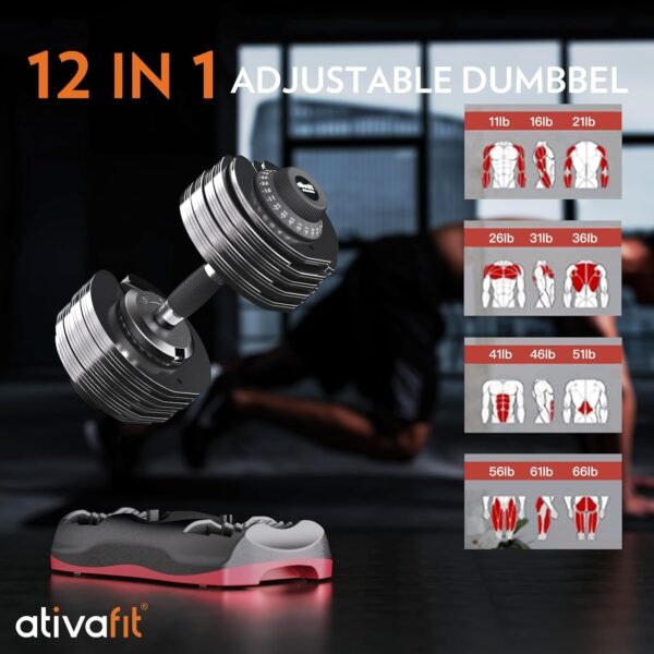 Ativafit 27.5 LBS/66LBS/88LBS Adjustable Dumbbell Set with Anti-slip Handle 12 In 1 Quick Dial Adjustment Weights With Safety Locking Button Space Saving Strength Training for Full Body Home Gym Workout - Image 6