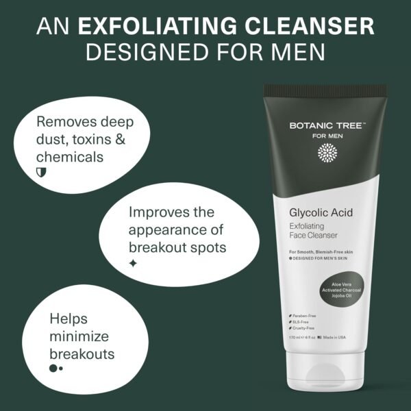 Botanic Tree Men's Face Wash with Glycolic Acid & Activated Charcoal (6oz.) - Deep Cleaning and Energizing Facial Exfoliating Cleanser… - Image 3