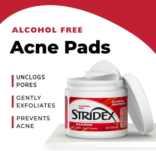 Stridex Medicated Acne Pads, Maximum, 55 Count – Facial Cleansing Wipes, Alcohol Free, Acne Treatment for Face, For Moderate Acne, Smooth Application - Image 5
