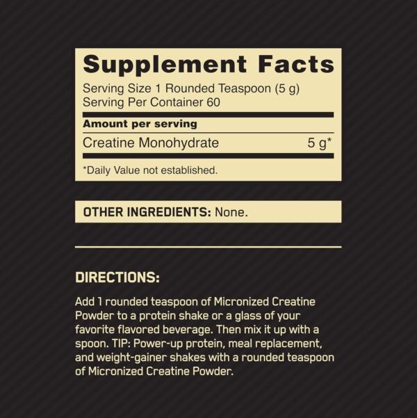 Optimum Nutrition Micronized Creatine Monohydrate Powder, Unflavored, 60 Servings, 300 Grams (Packaging May Vary) - Image 4