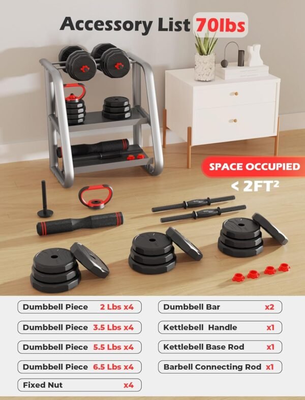 Adjustable Dumbbells Sets, 20/30/40/55/60/70/80/90lbs Free Weights Dumbbells Set of Convertible 2 or 3 in 1 Dumbbells Set Used as Barbell, Kettlebells, A Pair of Lightweight for Home Gym - Image 8