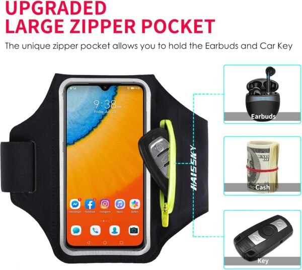 Running Armband with Earphone Bag Cell Phone Armband for iPhone 16 15 Pro 14 Plus 13 11 XR XS, Galaxy S24/S10 Water Resistant Sports Phone Holder Case & Zipper Slot Car Key Holder for 6.7 inch Phone - Image 3