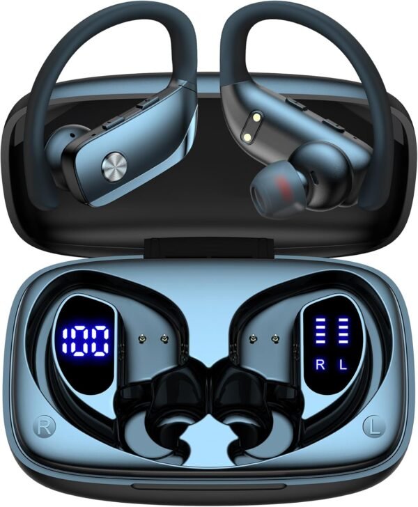 bmani Wireless Earbuds Bluetooth Headphones 48hrs Play Back Sport Earphones with LED Display Over-Ear Buds with Earhooks Built-in Mic Headset for Workout Black - Image 2