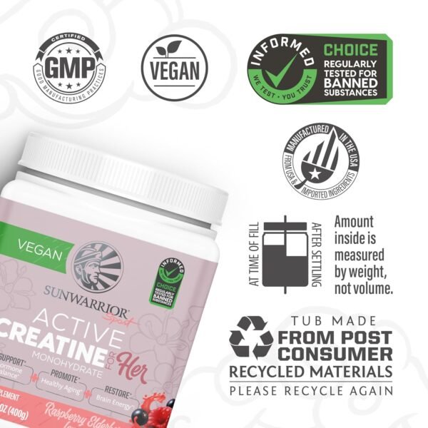 Sunwarrior Creatine for Women Monohydrate Powder Micronized Pre Workout Recovery Supplement Support Muscle Building Strength Training Cognition | Vegan and Easily Mixes 50 Servings, Raspberry Lemonade - Image 4