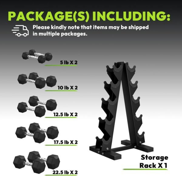 Hex Dumbbell Sets with Rack, 75-210 lb Rubber Encased Exercise & Fitness Dumbbells Set with Rack Option, Hand Weight for Strength Training, Weight Dumbbells Rack Set for Home Gym - Image 3