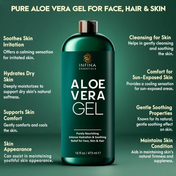 Pure Aloe Vera Gel for Face, Hair & Skin - Soothing Aloe Gel for Sunburn Relief - Made with Organic Aloe Vera Gel 95%, Chamomile & Vit E, for All Skin Types - 16 fl oz - Image 3