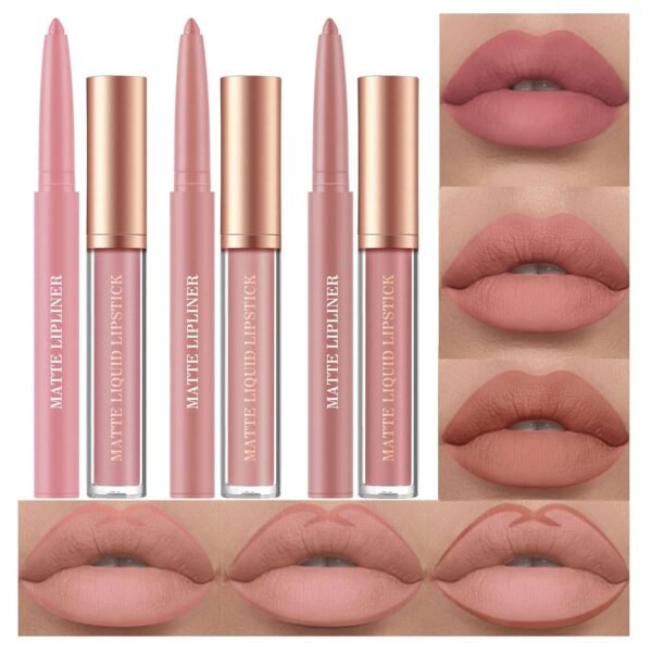 BestLand 6Pcs Matte Liquid Lipstick and Lip Liner Set, Non-Stick Cup Not Fade Waterproof Nude lipstick Makeup Kits Velvety Nude Lipliner Lip Gloss Make Up Gift Set (Set E) - Image 2