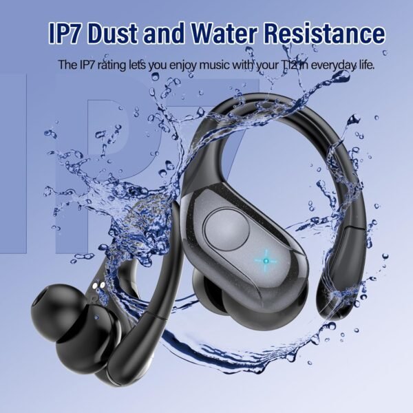 Wireless Earbuds Bluetooth 5.4 Headphones 75H Playtime Stereo Deep Bass Sports Ear Buds with Earhooks, LED Display Bluetooth Earbuds with 4 ENC Mic, IP7 Waterproof Earphone for Workout/Running, Black - Image 8