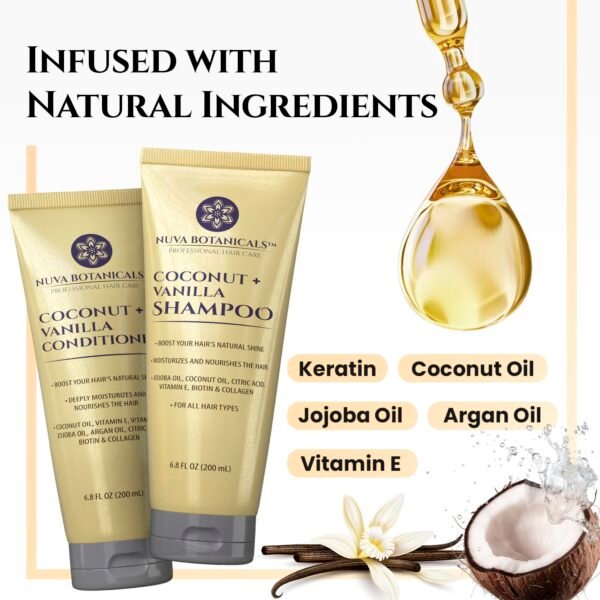 Coconut Shampoo and Conditioner, Vanilla Shampoo and Conditioner with Biotin and Collagen- Moisturizing Shampoo and Conditioner Set with Jojoba Oil, Argan Oil and Vitamin E(6.8oz each) - Image 4