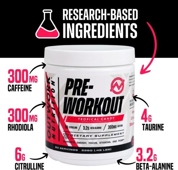 Outwork Nutrition Pre-Workout Powder for Men & Women, Preworkout Supplement with Nootropics, Boost Strength, Mental Focus and Energy, Backed by Science, 334 Gr (Tropical Candy) - Image 4