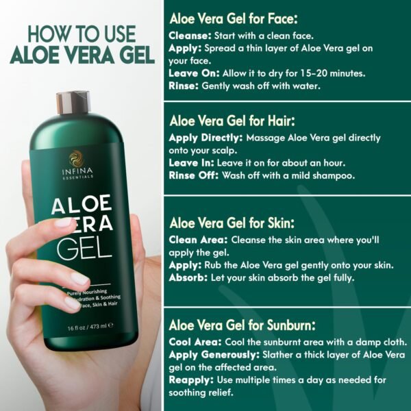 Pure Aloe Vera Gel for Face, Hair & Skin - Soothing Aloe Gel for Sunburn Relief - Made with Organic Aloe Vera Gel 95%, Chamomile & Vit E, for All Skin Types - 16 fl oz - Image 5