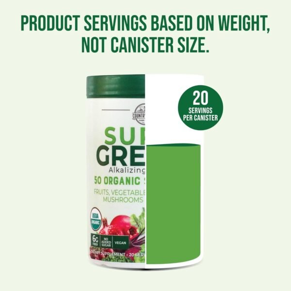 Country Farms Super Greens Natural Flavor, 50 Organic Super Foods, USDA Organic Drink Mix, Fruits, Vegetables, Super Greens, Mushrooms & Probiotics, Supports Energy, 20 Servings, 10.6 Oz - Image 8