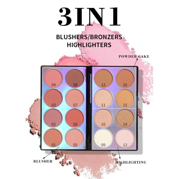 Blush Contour Highlighter Makeup Palette, 16 Color All-in-One Matte Shimmer Bronzer Facial illuminator Palette with Makeup Brush, Long Lasting and Soft Powder, Pro Makeup Powder Kit - Image 4