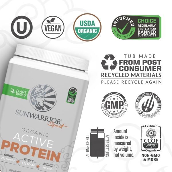 Vegan Protein Powder Plant-Based USDA Organic BCAAs | 27g Protein per Serving | Sugar Free, Gluten Free Non-GMO Dairy Free | Peanut Butter Chocolate Flavored, 20 Servings | Active Sport Protein Powder - Image 4