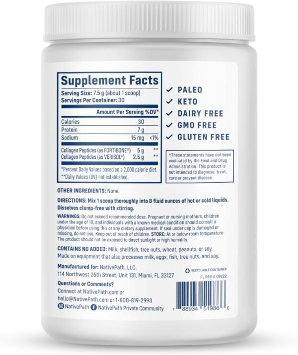 NativePath Bone Health Collagen Peptides, Type 1 & 3, with Fortibone and Verisol, 7.9 Ounce, 30 Servings - Image 4