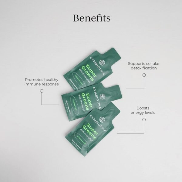CYMBIOTIKA Super Greens Supplement with Chlorophyll, Spirulina, Daily Vegan Superfood Packets for Digestive Gut Health, Detox, Energy and Immune Support, Citrus Lime Flavor, 15 mL Pouches, 30 Pack - Image 3