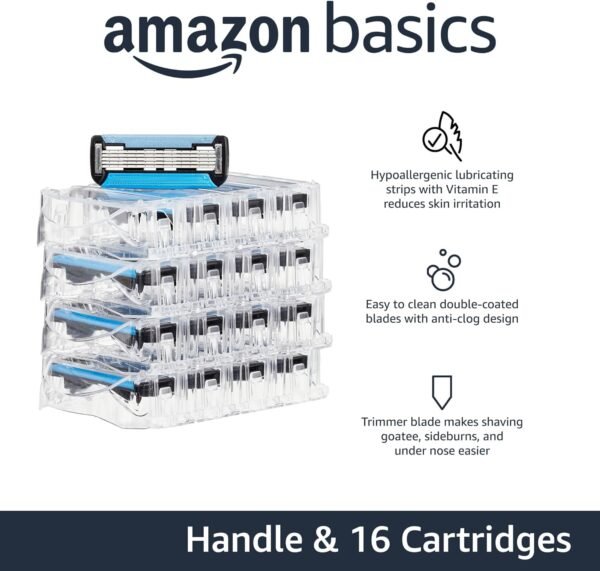 Amazon Basics 5-Blade MotionSphere Razor for Men with Dual Lubrication and Precision Trimmer, Handle & 16 Cartridges, Cartridges fit, Razor Handles only, 17 Piece Set, Black - Image 3