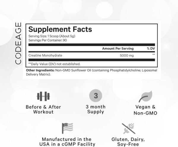 Codeage Liposomal Creatine Powder Supplement - 3-Month Supply - 5000mg Creatine Monohydrate Pre Workout & Post Workouts - Unflavored Creatine, Pure Creatine Powder, Creatinine for Sports - 90 Servings - Image 3