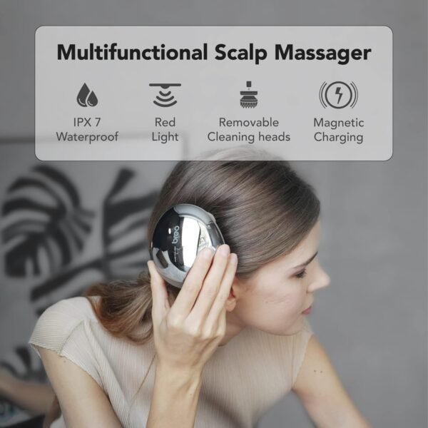 Breo Portable Mini Scalp Massager – IPX7 Waterproof Rechargeable Head Massager for Scalp Relax, Stress Relief Tool with Bamboo Wood Charging Base, Removable Massage Nodes (Silver with Base) - Image 3