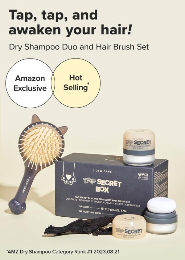I DEW CARE Biotin Dry Shampoo Powder - Tap Secret Box Gift Set | Korean Black Ginseng, Non-aerosol, Benzene-free, Detangling Hair Brush with Mirror, Valentine Gift Sets for Women and Men, Travel Size - Image 4