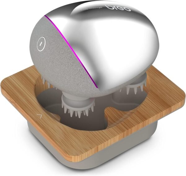 Breo Portable Mini Scalp Massager – IPX7 Waterproof Rechargeable Head Massager for Scalp Relax, Stress Relief Tool with Bamboo Wood Charging Base, Removable Massage Nodes (Silver with Base) - Image 2