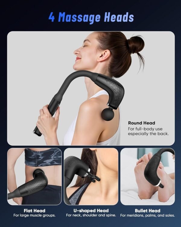 Massage Gun Deep Tissue with Extended Handle, Back Massager for Pain Relief Deep Tissue with LCD Screen, Neck/Waist/Leg/Shoulder Massager with 4 Massage Heads, 3 Modes & 6 Intensity Levels - Image 8