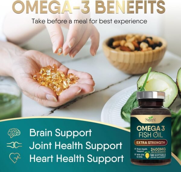 Triple Strength Omega 3 Fish Oil 2400 mg Supplement, Nature's Omega-3 Supplements, Brain & Heart Health Support - EPA & DHA, Fish Oil in Each Softgel, Fatty Acids Fish Oil Supplement - 120 Softgels - Image 8