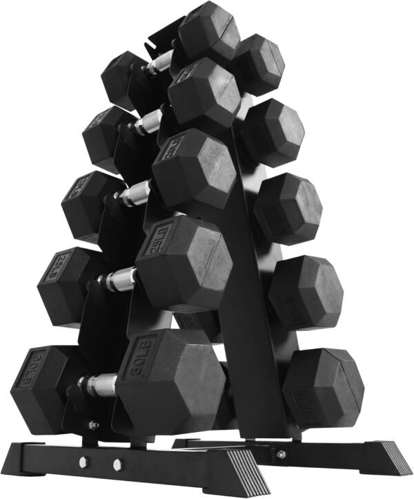 Signature Fitness 200LB Rubber Coated Hex Dumbbell Weight Set and Storage Rack, 10-30 lbs Pairs - Image 2