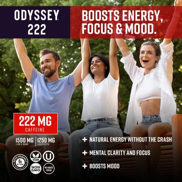 Odyssey Elixir - Odyssey 222 - Sparkling Energy Drink - 222 mg of Caffeine - Lion's Mane & Cordyceps - Energy & Focus - Endurance & Stamina - Nootropic - Pre Workout - Strawberry Watermelon - Image 6