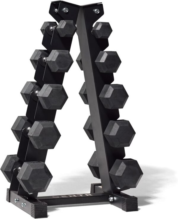 Centr Dumbbell Set with Rack, 150 LB, 5 Pairs Dumbbell Weight Set - Rubber Hex Fitness Weights for Home Gym with A-Frame Storage Rack - Exercise & Workout Weights for Muscle & Strength Training - Image 2