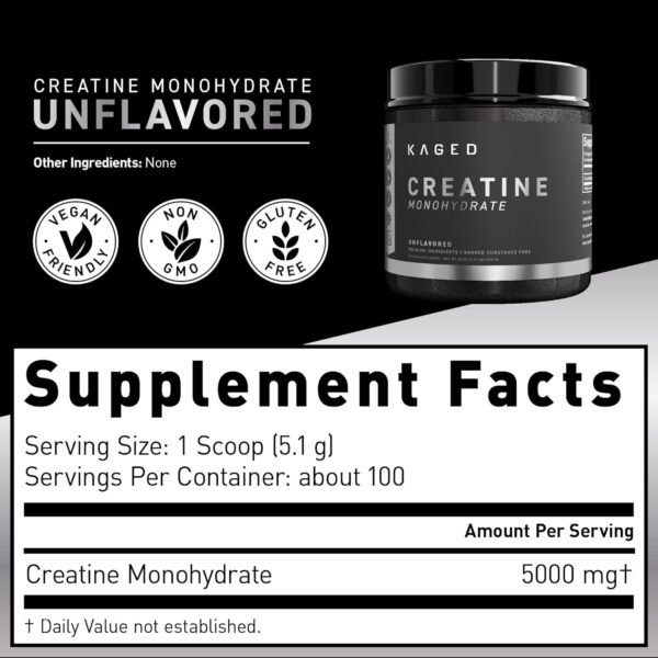Kaged Creatine Monohydrate Micronized Powder | 100 Servings | Unflavored | Muscle Recovery and Growth Supplement for Men & Women | Vegan | Easily Digestible | Gluten Free | Keto Friendly - Image 3