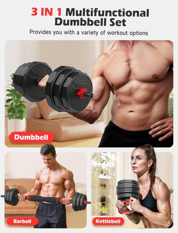 Adjustable Dumbbells Sets, 20/30/40/55/60/70/80/90lbs Free Weights Dumbbells Set of Convertible 2 or 3 in 1 Dumbbells Set Used as Barbell, Kettlebells, A Pair of Lightweight for Home Gym - Image 3