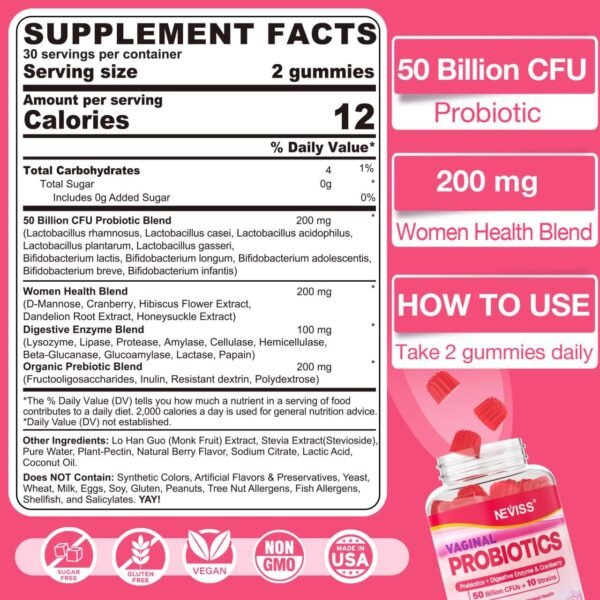 Vaginal Probiotics Gummies for Women PH Balance, Odor Control with Prebiotics, Cranberry, D-Mannose, Promotes Feminine Healthy Vaginal Flora, Urinary Tract, Yeast, Digestive Support, Sugar Free,120Cts - Image 3
