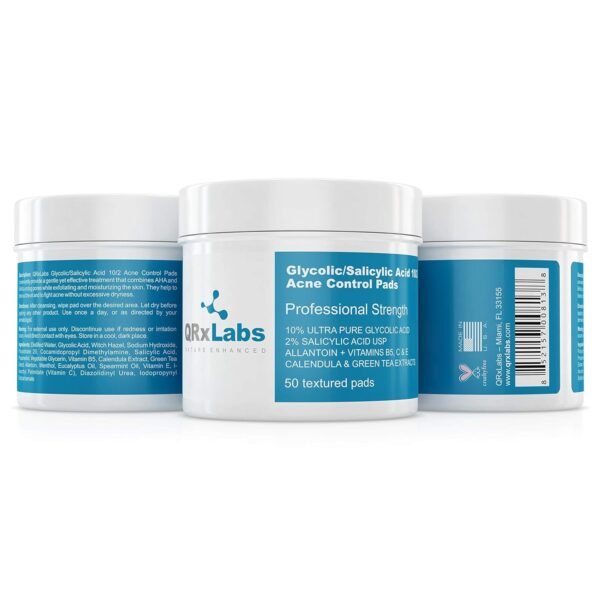QRxLabs Glycolic + Salicylic Acid Acne Control Pads with 10% Ultra Pure Glycolic & 2% Salicylic, Allantoin, Vitamin B5, C & E, Calendula & Green Tea - Acne Treatment for Clear Skin - Image 9