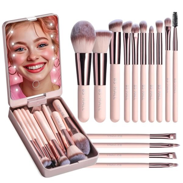 BS-MALL Travel Makeup Brush Set Foundation Powder Concealers Eye Shadows Makeup Set with LED light Mirror 14 Pcs Mini Makeup Brushes (APINK) - Image 2