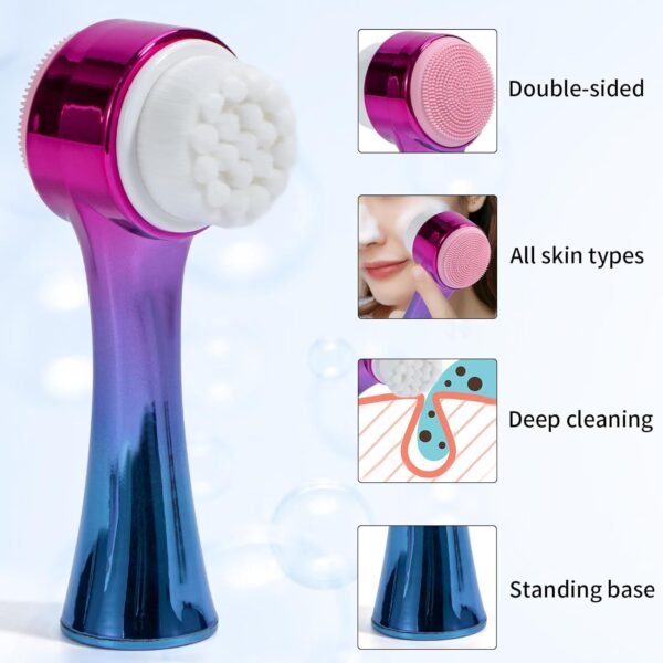 Face Brush 2 in 1, Silicone Facial Cleansing Exfoliating Brush Soft Bristles Pore Deep Cleansing Manual Dual Face Wash Scrub Brush for Massaging, Makeup Skincare Removal, Gradient Purple Blue - Image 4