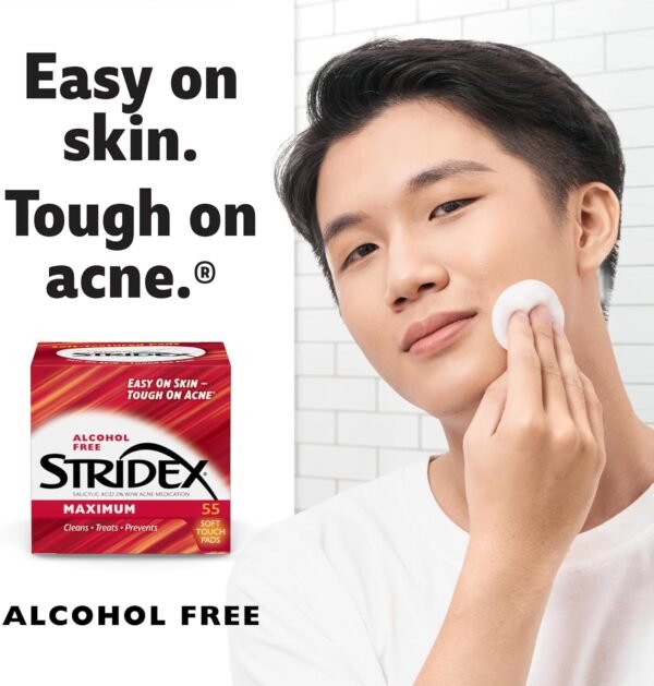 Stridex Medicated Acne Pads, Maximum, 55 Count – Facial Cleansing Wipes, Alcohol Free, Acne Treatment for Face, For Moderate Acne, Smooth Application - Image 8