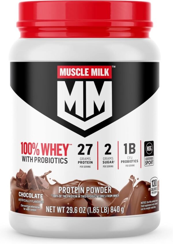 Muscle Milk 100% Whey With Probiotics Protein Powder, Chocolate, 1.85 Pound, 23 Servings, 27g Protein, 2g Sugar, 1B CFU Probiotics, Low in Fat, NSF Certified for Sport, Packaging May Vary - Image 2