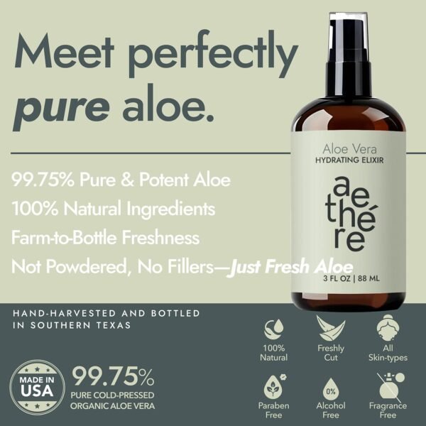 Aethere Aloe Vera Gel for Face, Skin and Hair - Sunburn Relief - Cold Pressed Organic Aloe Vera - Grown and Harvested in Texas - USA - Aloe - Elixir - 3 Fl Oz 2PK - Image 3