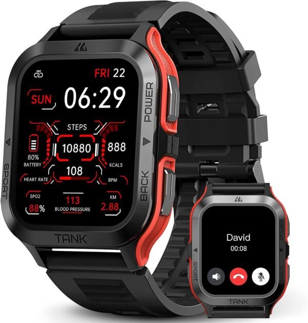 AMAZTIM Smart Watch, 60 Days Extra-Long Battery, 50M Waterproof, Rugged Military Bluetooth Call(Answer/Dial Calls), 1.85" Ultra Large HD Display, AI Voice Assistant, Compatible for Android and iOS-Red - Image 2