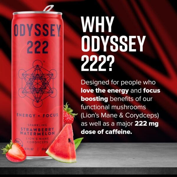 Odyssey Elixir - Odyssey 222 - Sparkling Energy Drink - 222 mg of Caffeine - Lion's Mane & Cordyceps - Energy & Focus - Endurance & Stamina - Nootropic - Pre Workout - Strawberry Watermelon - Image 3