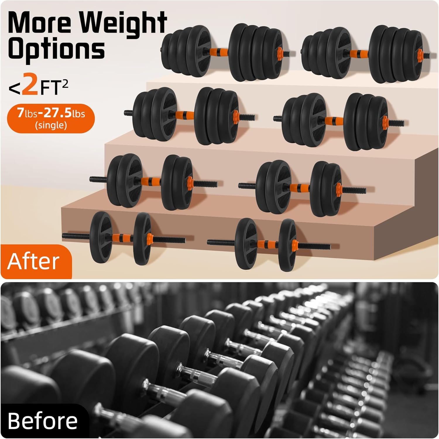 4 in 1 Adjustable Dumbbell Set with Connecting Rod Used as Barbell, Kettlebells, Push up Stand, Fitness Exercises for Home Gym, Orange - 20/30/50 Pounds - Image 7
