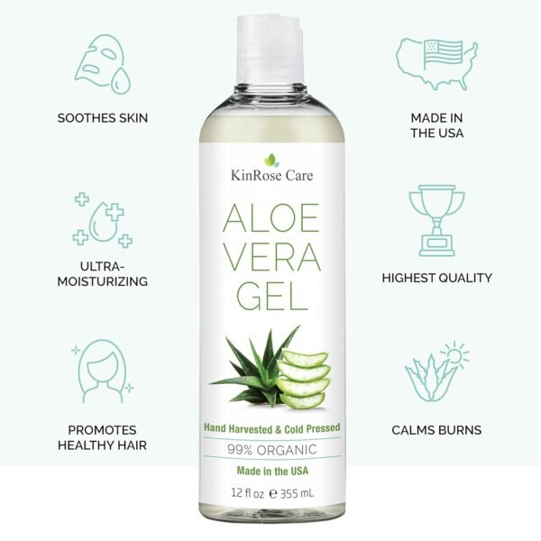 12oz Organic Aloe Vera Gel for Face, Skin, Hair & Sunburn Relief - From 100 Percent Pure Aloe Vera - Cold Pressed, Vegan, Unscented - Made in USA. - Image 3