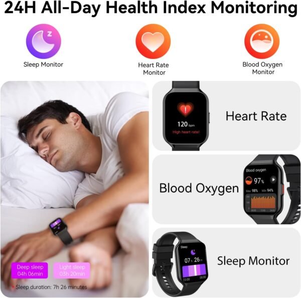 Smart Watch, 1.96" HD Smartwatches for Men Women, (Answer/Make Calls), IP68 Waterproof Fitness Watch, Heart Rate/Sleep/SpO2 Monitor, Fitness Tracker with 113+ Sport Modes, for iOS/Android (Black) - Image 6