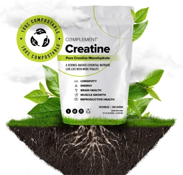 Complement Creatine Monohydrate Micronized Powder for Women and Men (5g, 60 Servings) Pre Workout, Post Workout, Muscle Recovery, Brain Health, Longevity- Vegan, Unflavored - Image 9
