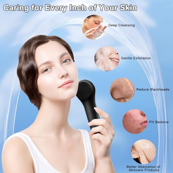 Silicone Face Scrubber Exfoliator, Silicone Face Wash Brush for Men & Women, Ipx7 Waterproof Rechargeable Facial Cleaner for Deep Cleansing, Exfoliating, Massage Face Scrubber (Black) - Image 4